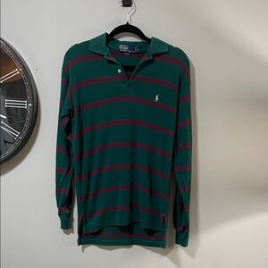 Vintage Polo by Ralph Lauren Men's Green & Red Striped Rugby long sleeve shirt